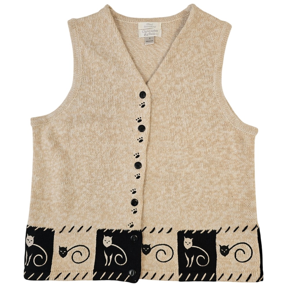 Christopher‎ & Banks Tan Cat Paw Print Hand Embroidered Knit Sweater Vest Small